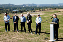 ACT Chief Minister, Jon Stanhope, welcomes sports stars, Mal Meninga, David Campese, Robert de Castella, Lauren Jackson, NAC Board chairman John Mackay, and guests to the tree planting ceremony. Click for larger image.