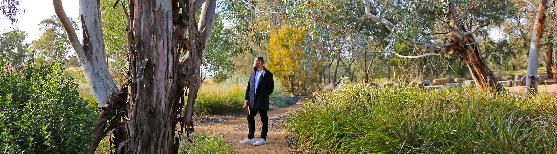 Indigenous man holding boomerang standing in a native plant bush tucker garden