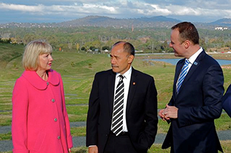 Their Excellencies Lt Gen The Rt Hon Sir Jerry Mateparae GNZM QSO, Governor-General of New Zealand, and Lady Janine Mateparae, accompanied by ACT Chief Minister, Mr Andrew Barr MLA, plant a Gallipoli oak, Quercus coccifera var. calliprinos, in the Central Valley at the National Arboretum Canberra.