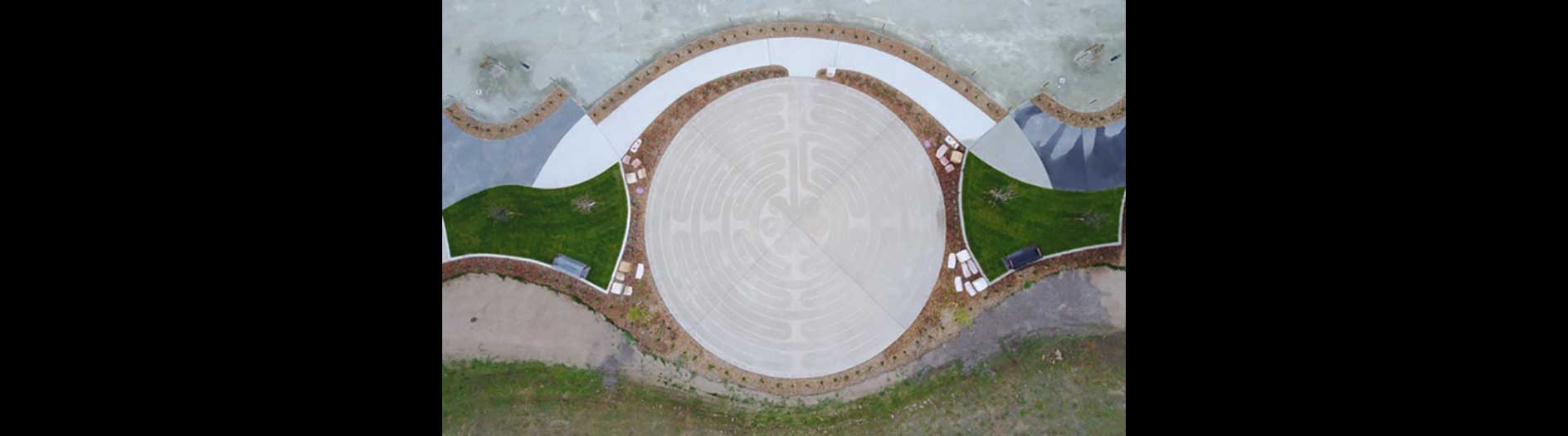 aerial perspective of designed garden with seedling starting to establish