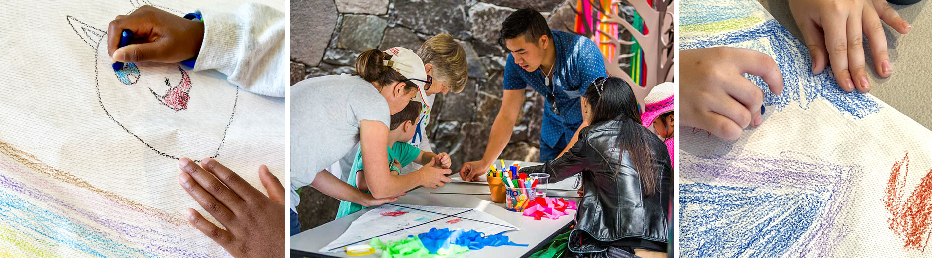 Split screen image showing children and families making kites with art supplies